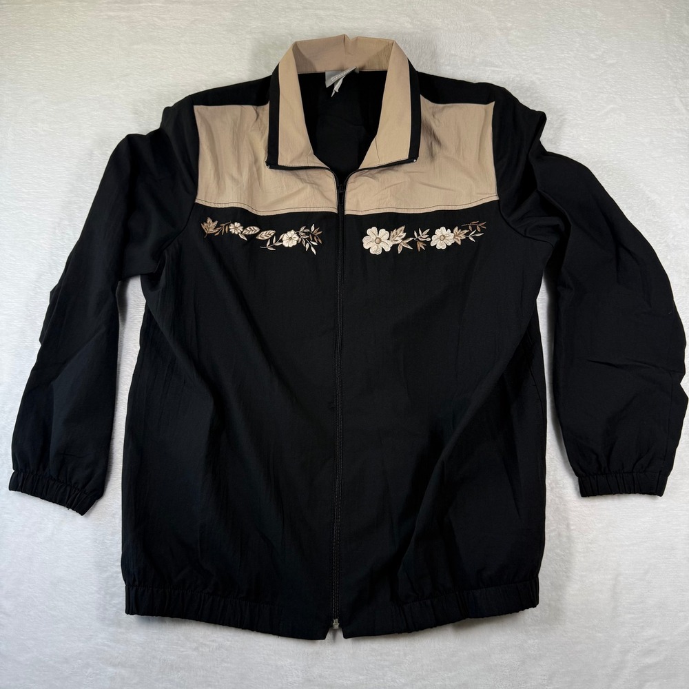 Blair‎ Large Black Tan Floral Embroidered Zip Up Windbreaker Jacket JLSETF3A